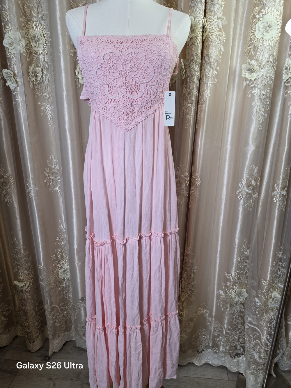 & Other Stories Pink Crochet-Front Maxi Dress with Spaghetti Straps